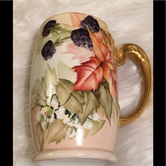 Jean Pouyat Antique hand painted mug floral with gold lizard handle - Picture 1 of 6